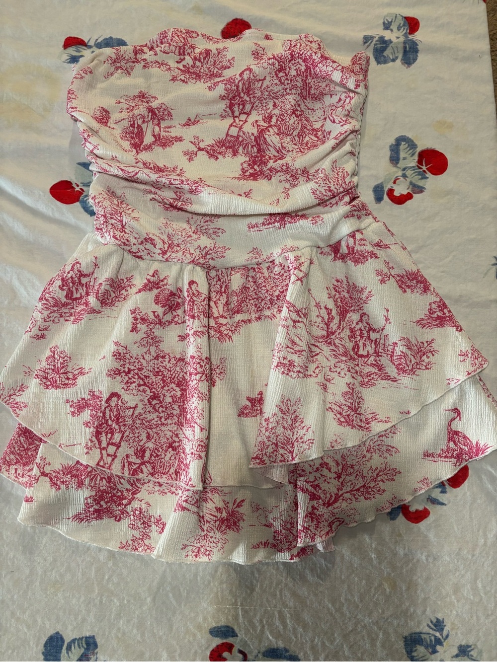 Cider Strapless Mini Dress in White and Pink Toile Print